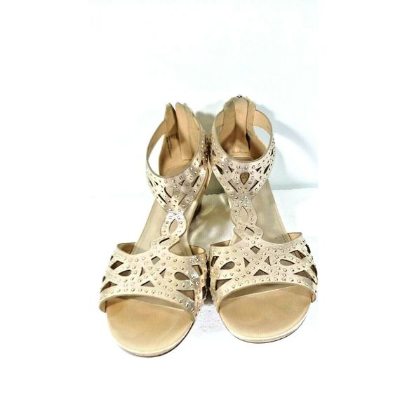Maripe Gold Open Toe Wedge Sandals 8.5 Back Zip - Picture 2 of 8